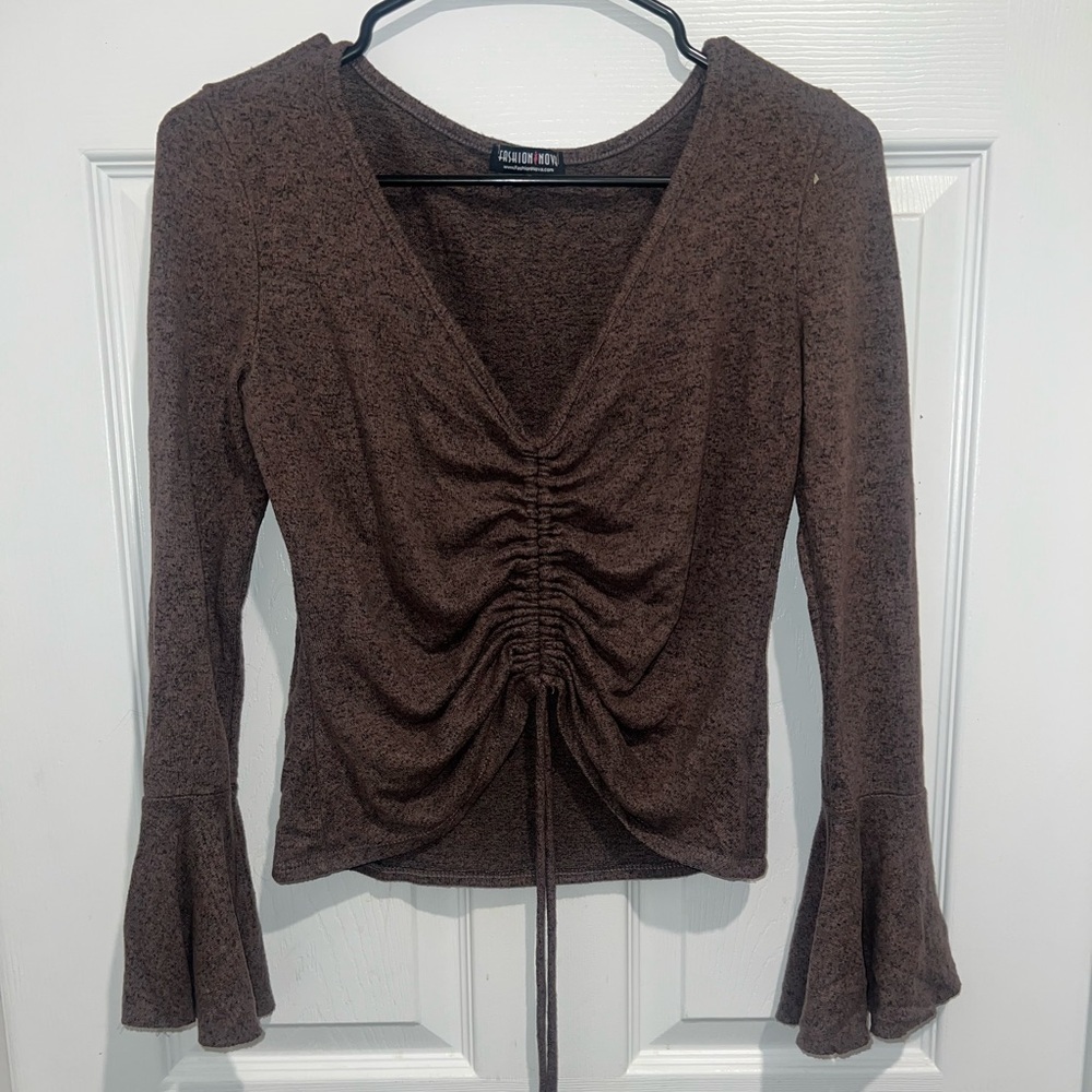 Fashion Nova brown long sleeve blouse with ruffle